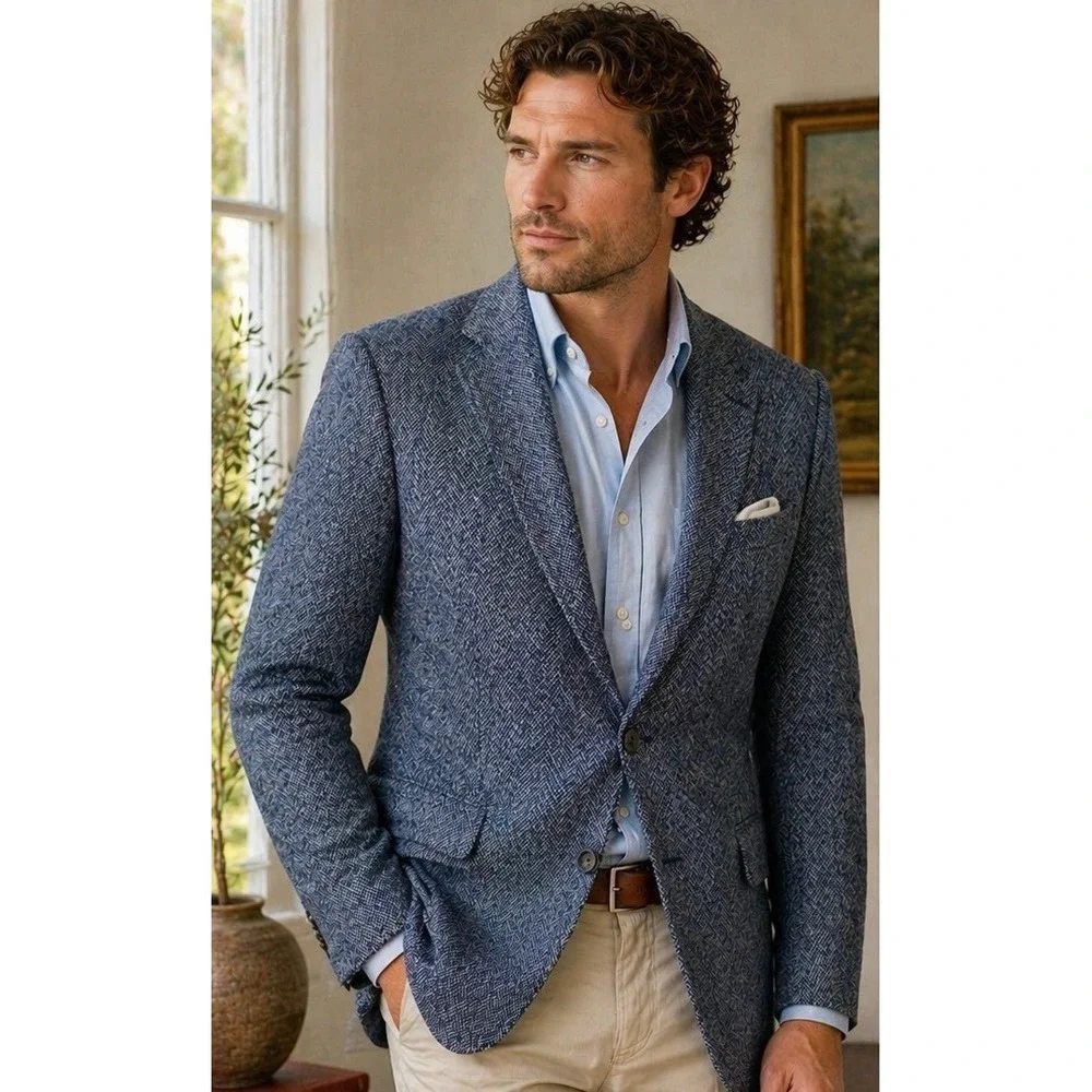 Haggar Wool Herringbone Gentlemen's Fit Blazer Sport Coat Blue Ivy Prep Sz 42L